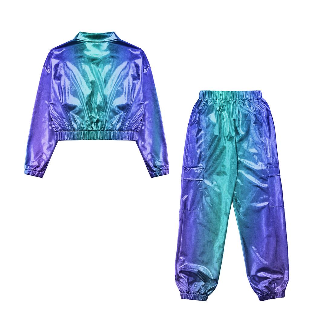Детский танцевальный костюм для хип-хопа унисекс, куртка цвета металлик с длинными рукавами, отложным воротником и блестящими брюками
