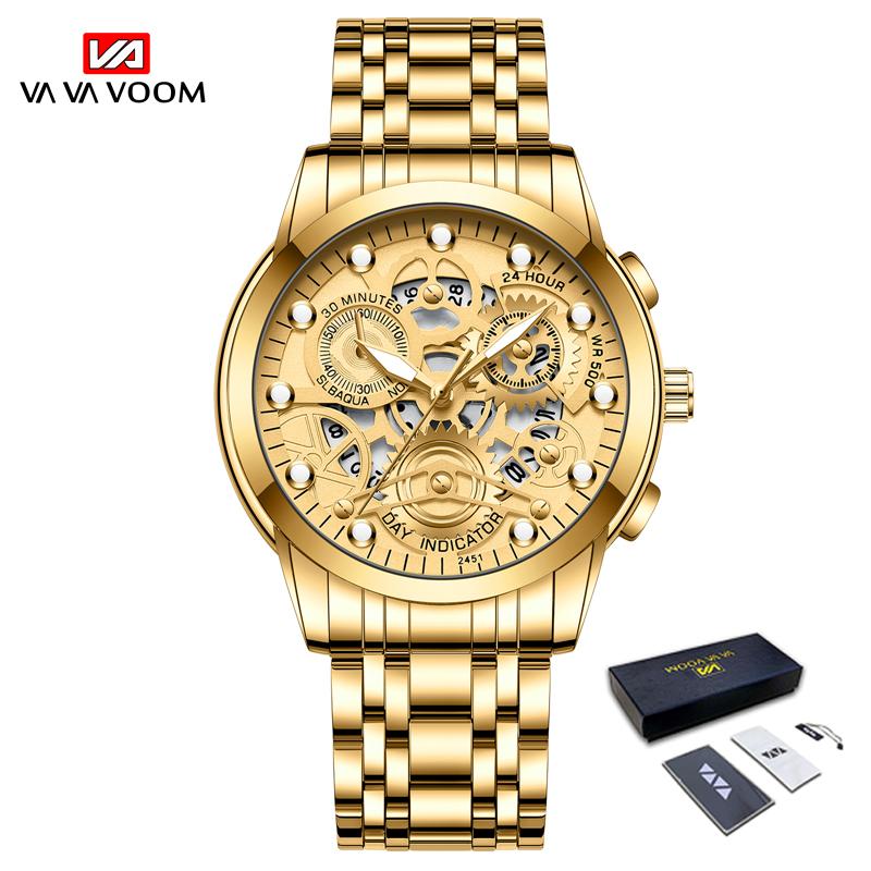 VA VA VOOM Золотые полые светящиеся кварцевые часы Часы со скелетом Мужские часы Импортные механизмы Деловые виды спорта для мужа Подарок Мужские часы из нержавеющей стали