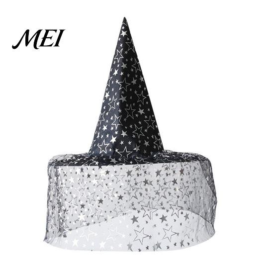 Fashionable Theme Event Hat Halloween Star Witch Hat, Mesh Veil Rose Feather Cone Black Costume Headwear for Women, Gothic Party Headwear, Adult