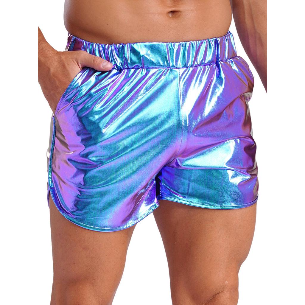 Мужские облегающие шорты с металлическим отливом и боковыми карманами для занятий йогой и мероприятий в ночном клубе