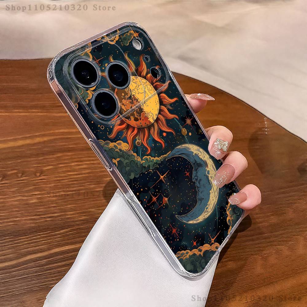 Эстетичный чехол для телефона с принтом Солнце и Луна для iPhone 17,16,15,14,13,12,11 Pro,Max,Plus,XR,Mini,E, прозрачный, с полным покрытием, мягкий
