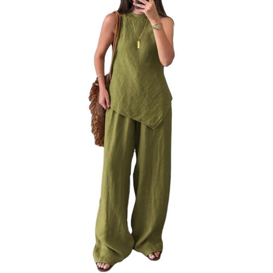 Женский комплект из двух предметов с неровным подолом, безрукавка, топ с круглым вырезом, широкие брюки, летний повседневный спортивный костюм