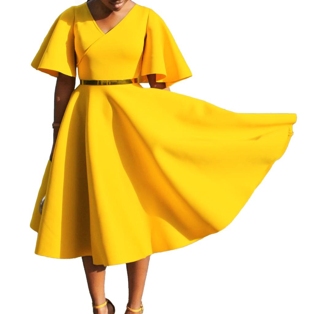 Летнее женское платье больших размеров с расклешенными рукавами и v-образным вырезом, модное темпераментное платье с большой юбкой и подолом