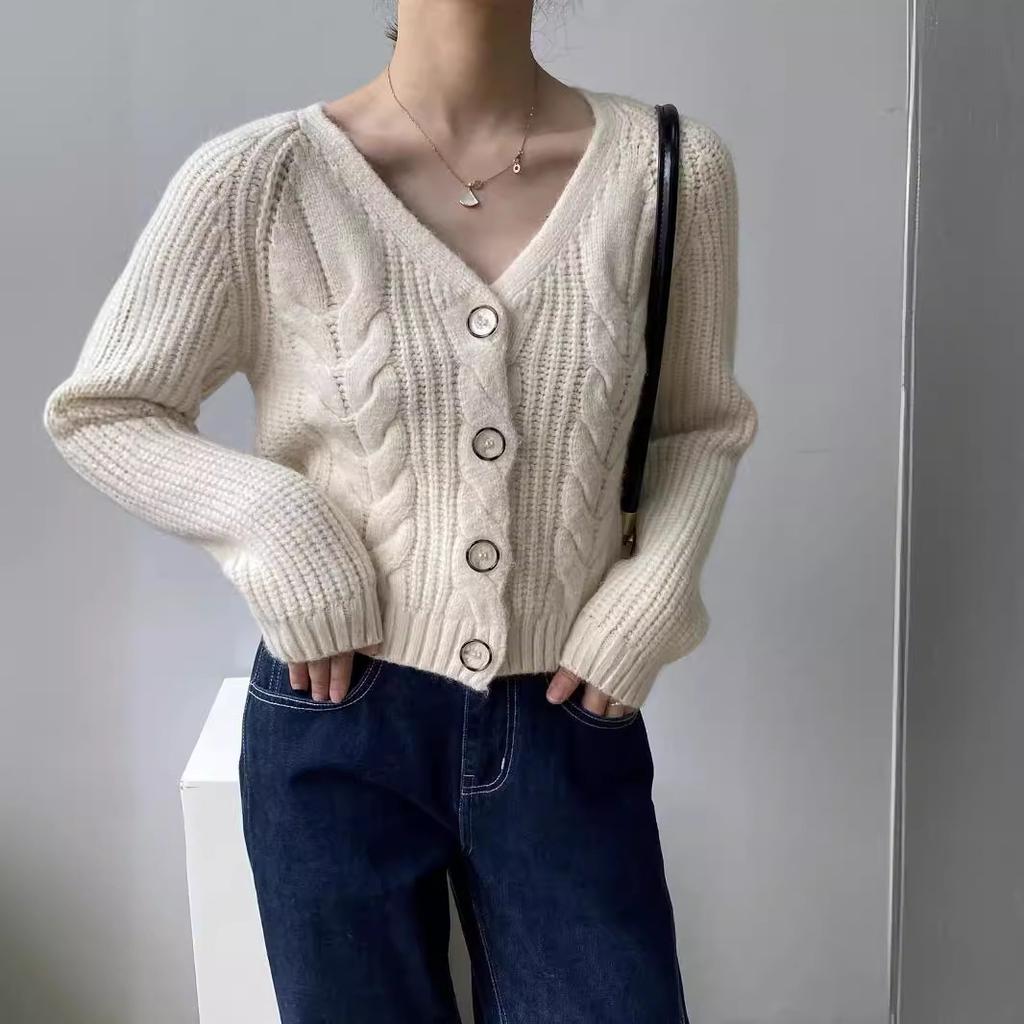 Early Autumn Short Twist Design Jacket Women's Small V-neck Single-breasted Solid Color Knitted Long-sleeved Cardigan