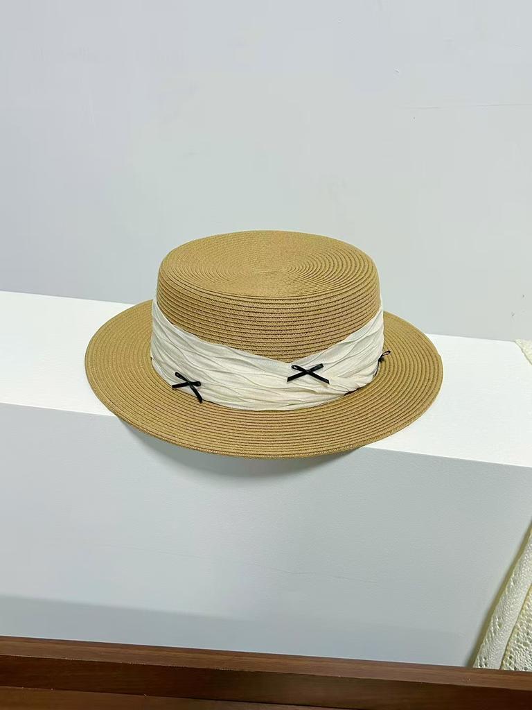 Летняя маленькая свежая шляпа из соломы с плоским верхом и бантом, женская дорожная шляпа от солнца, универсальная шляпа-цилиндр, шляпа для морского отдыха