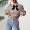 Women's Top Half Turtleneck Pullover Sweater Mesh Bow Splicing Mixed Color Velvet Autumn and Winter Base Shirt