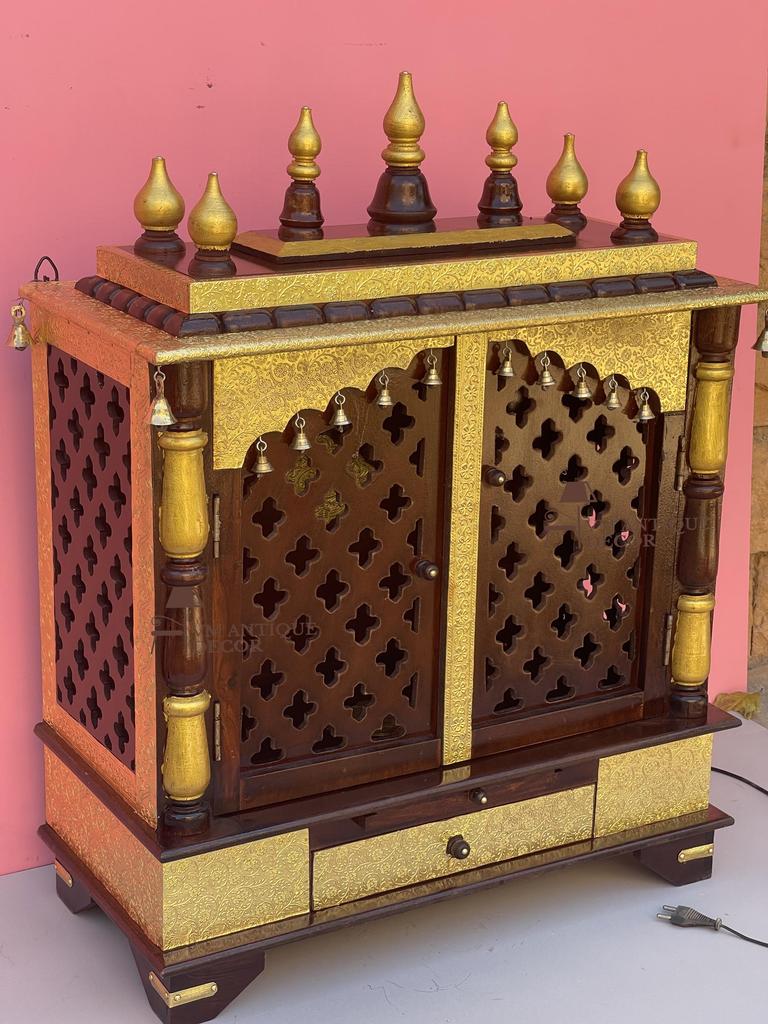 Wooden Temple | Brass Wall Pooja Mandir-Handicraft Pooja Stand Temple with Intricate Bells,Desk Storage Drawers | Home Office Religion Decor