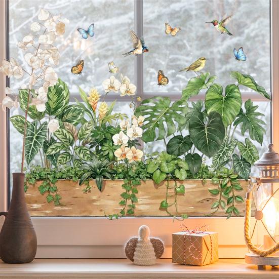 Window Decals Spring Garden Design Double-Sided Visibility Electrostatic Adsorption Glass Sticker Home Shop Window Decoration