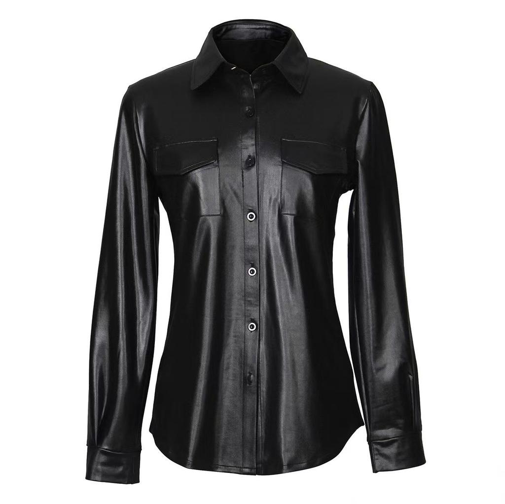 Women's Casual Long-Sleeve Faux PU Leather Jacket with Chest Pocket