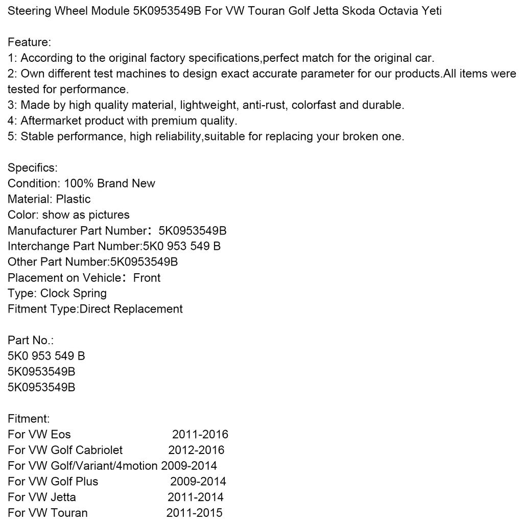 Steering Wheel Module 5K0953549B For VW Touran Golf Jetta Skoda Octavia Yeti