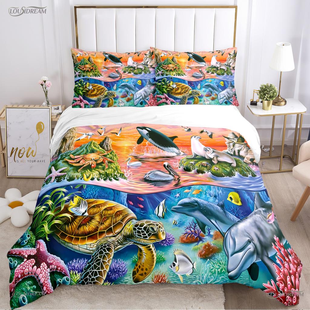 3D Ocean World Dolphin Whale Fish Duvet Cover Comforter Beding Set Soft Quilt Cover and Pillowcase for Single/Double/Queen/King