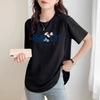 Loose Black Cotton Round Neck Short-sleeved T-shirt Women's Summer Curved Hem Split Fork Medium and Long Butt-covering Top