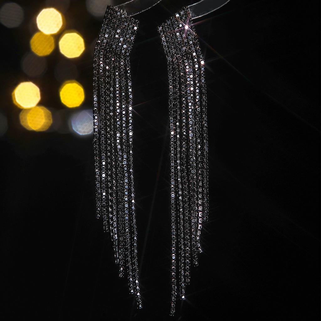 Fashionable Temperament Shiny Full Diamond Long Tassel Earrings Black Match Earrings Women's Earrings 1 Pair