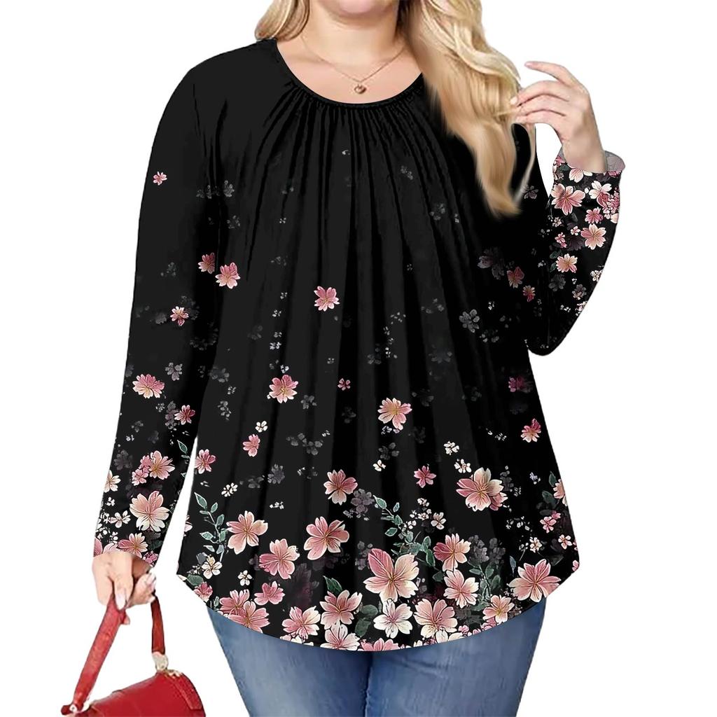 Женский модный топ большого размера с принтом, повседневный плиссированный, с круглым вырезом и длинными рукавами