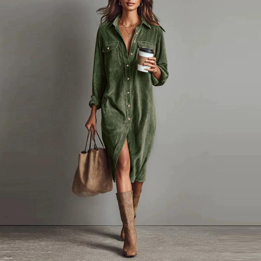 Винтажное Женское Платье Весна Лето Офисная Леди Однотонный Вельвет Длинный Рукав Воротник Рубашка Свободные Макси Платья для Женщин