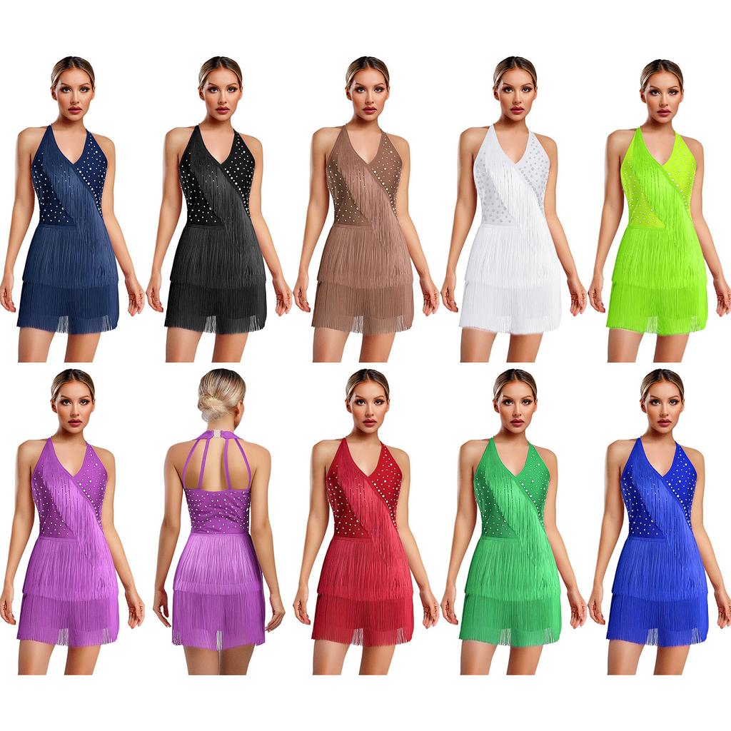 S-3XL Women Performance Leotard Halter Neck with Spark Rhinestones Fringed Back for Tango Salsa Jazz Dance Costume