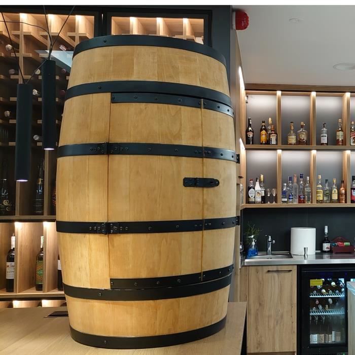 Casier à Vin LED - Creative Cooper - Tonneau En Bois avec des portes, Meuble Rangement Bouteille Alcool, 80x50 cm, Chêne