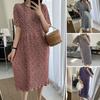 Summer Women Dress Small Flower Print Crew Neck Loose Short Sleeves Pleated Mid-calf Length Pullover Shopping Midi Dress