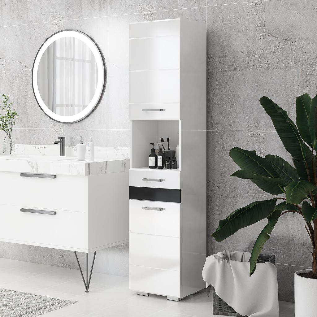 Bathroom Column in MDF with Open Shelf, Drawer and Closed Cupboard, 37x32.5x170 cm, White