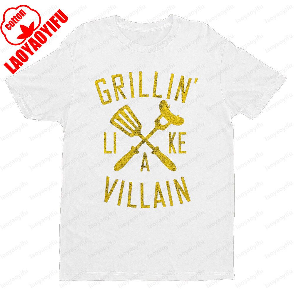 Grillin Like A Villain Mens T Shirt Funny Cookout Enthusiast Tee Tops Creative Pattern Tshirt BBQ Lover Gift Short Sleeve