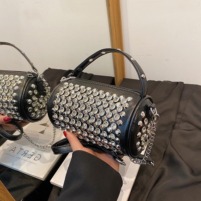 This Year's Popular Bag Ladies 2025 New Korean Version Fashion Rivet Personality Trend Hand-held Crossbody Cylinder Bag PU