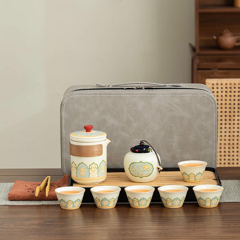 Travel tea set Outdoor portable camping tea drinking equipment Ceramic express cup Office kung fu teapot