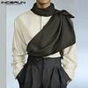 Men Cowl Neck Long Sleeve Front Cross Shirts Casual Patchwork Tops
