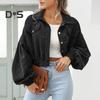 Autumn Women Lapel Lantern Sleeve Cropped Jacket Solid Color Single Breasted Overcoat Outwear Vintage Corduroy Coat