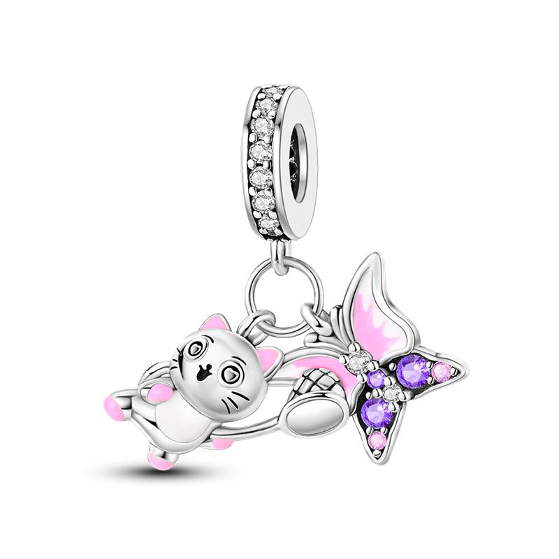 925 Серебряный цвет Кот Медведь Слон Кролик Милые розовые животные Подвески Бусины Подходит 925 Оригинальные Браслеты Изящные DIY Ювелирные Изделия Подарки