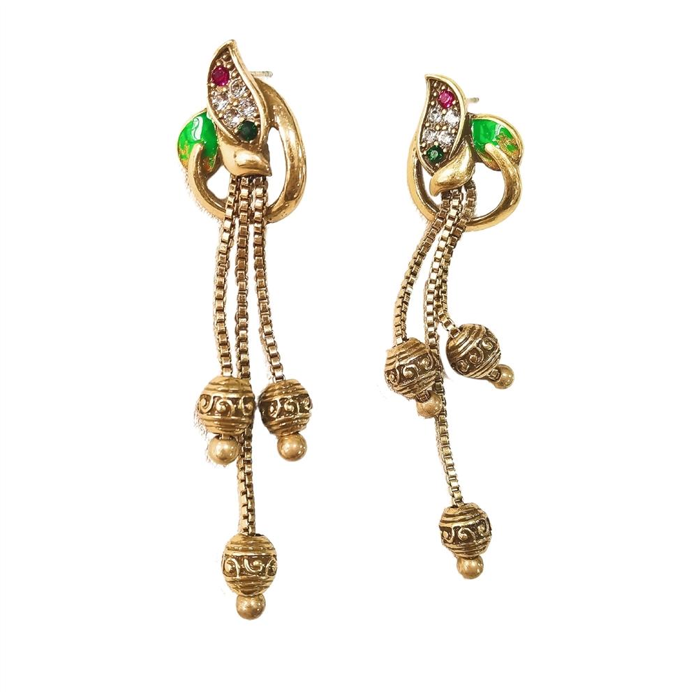 Qingdao Vintage Zirconium Enamel Gilded Green Leaf Round Ball Chain Tassel Earrings Are Simple and Fashionable