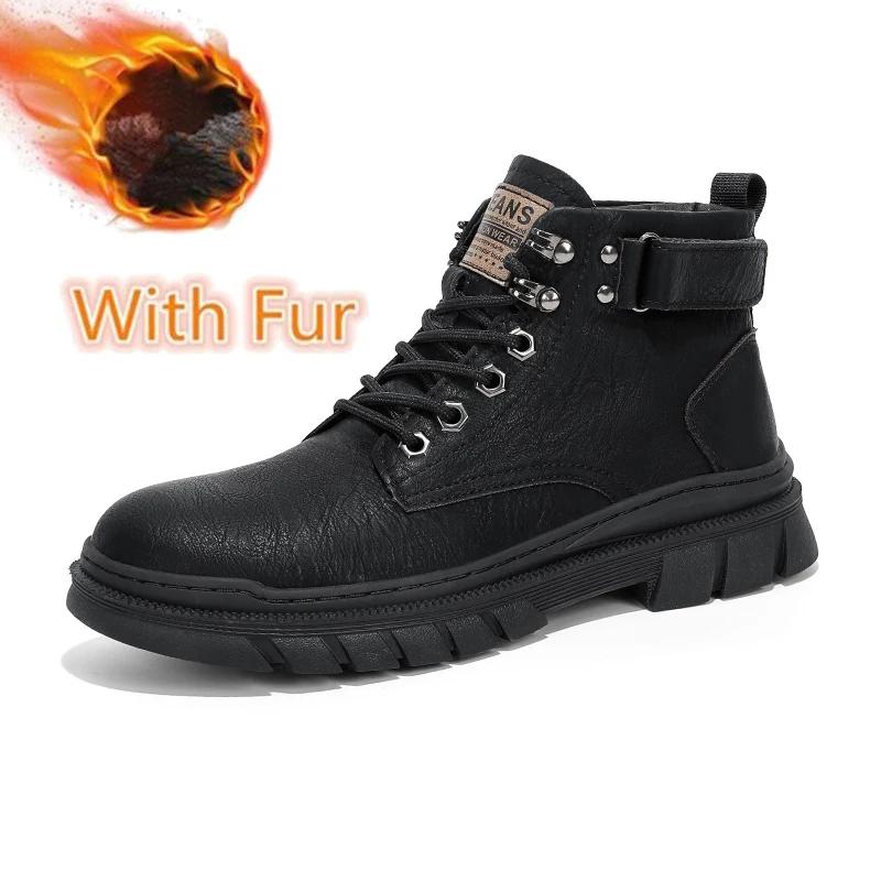 Fashion Casual Leather Winter Ankle Boots Comfortable Men Motorcycle Boots Outdoor Warm with Fur Botas Classic High Top Man Casual Shoes