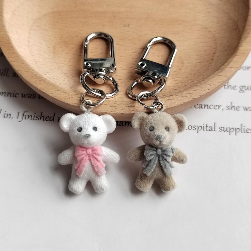 3D флокированный брелок в виде медведя с бантом, милый мультяшный брелок с животным, сумка, кулон, рюкзак, подвесное украшение для пары, подарки