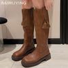Winter Women High Boots Tassels Mid Heels Motorcycle Boots Knee High Leather Shoes Women Trend Chunky Designer Botas Mujer