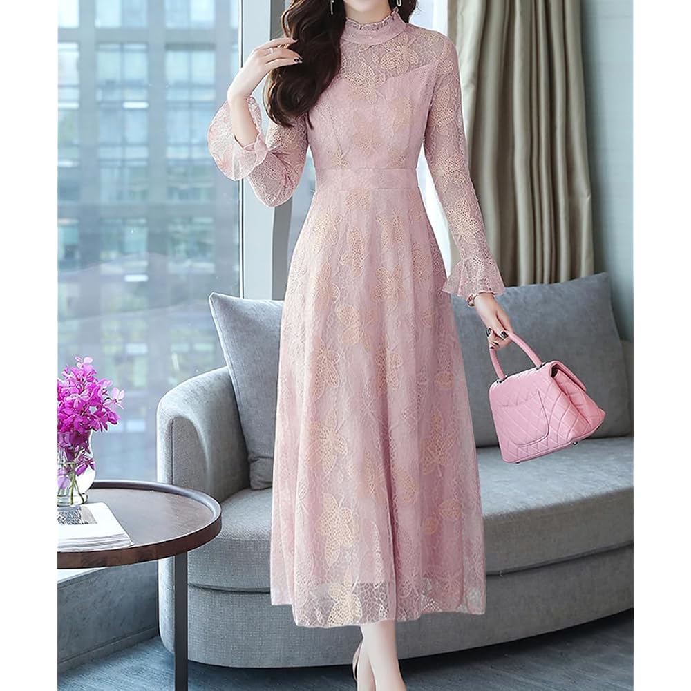 Sueiya Women's Lace Long Frill Dress, Long Sleeves, Flared, All-over Print, Cute, High Waist,
