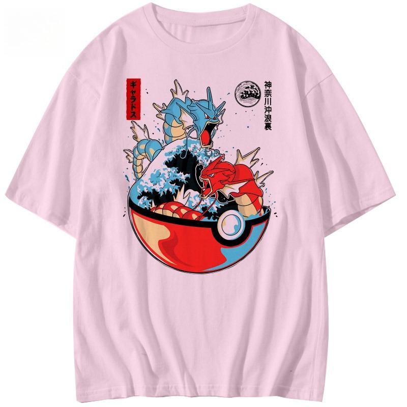 Pokémon Japanese Retro Gyarados Wave Shortsleeved Tshirt Pure Cotton Mens and Womens Summer New Trend Loose Top