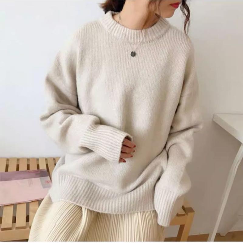 Autumn Winter Simplicity Loose Solid Color Knitwear Women Vintage Office Lady Sweater All-match Casual Knitting Tops