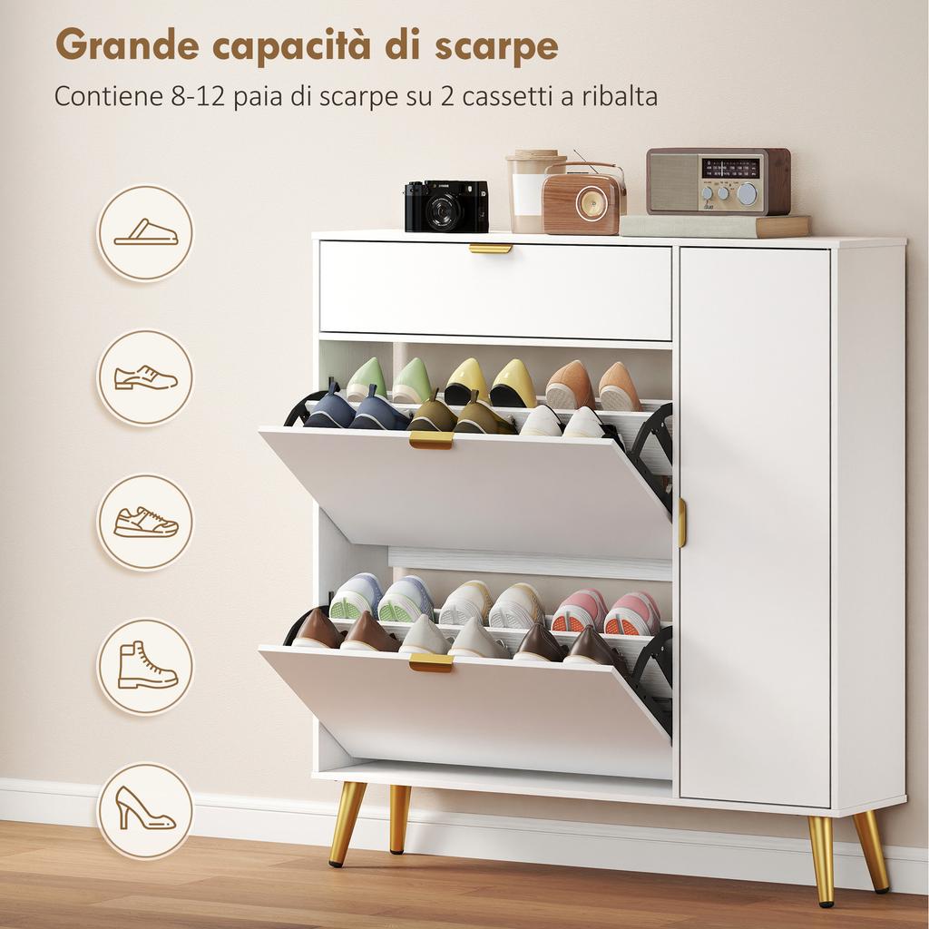 Slim Shoe Rack, Hinged Doors, Adjustable Shelves, Holds 12 Pairs, White