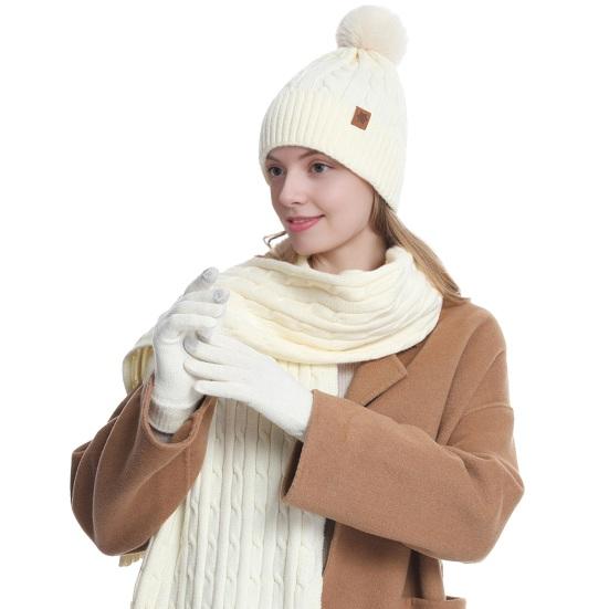 Набор из 3 предметов: женская шапка, шарф и перчатки, однотонный, с текстурой «косичка», с тепловой подкладкой, с помпоном, вязаный