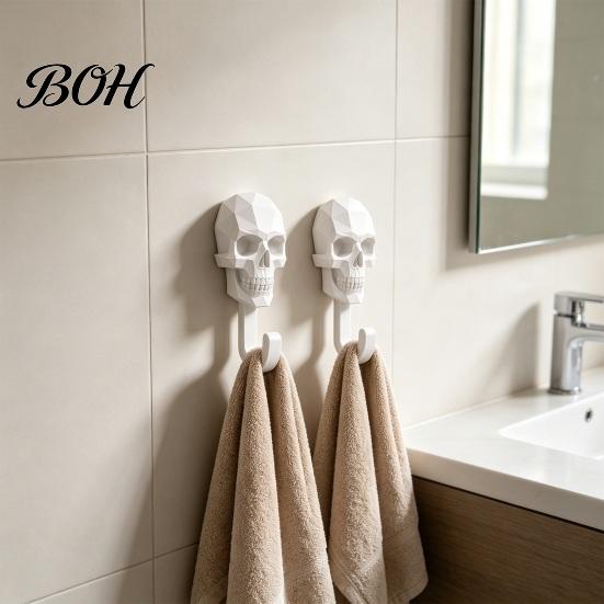 Damage-free Wall Hanger 2Pcs Hook Up, 3D Printed Skull Design Hooks, No Drilling Industrial Style Mount Hanger, Waterproof Bathroom Storage for Towels