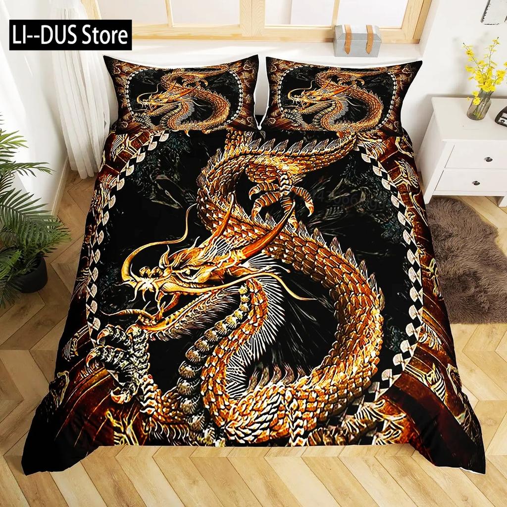 Comforter Dragon King Size Kids Mythical Animal Bedding Set Microfiber 2/3Pcs Set For Girls Women Black Gold Decor