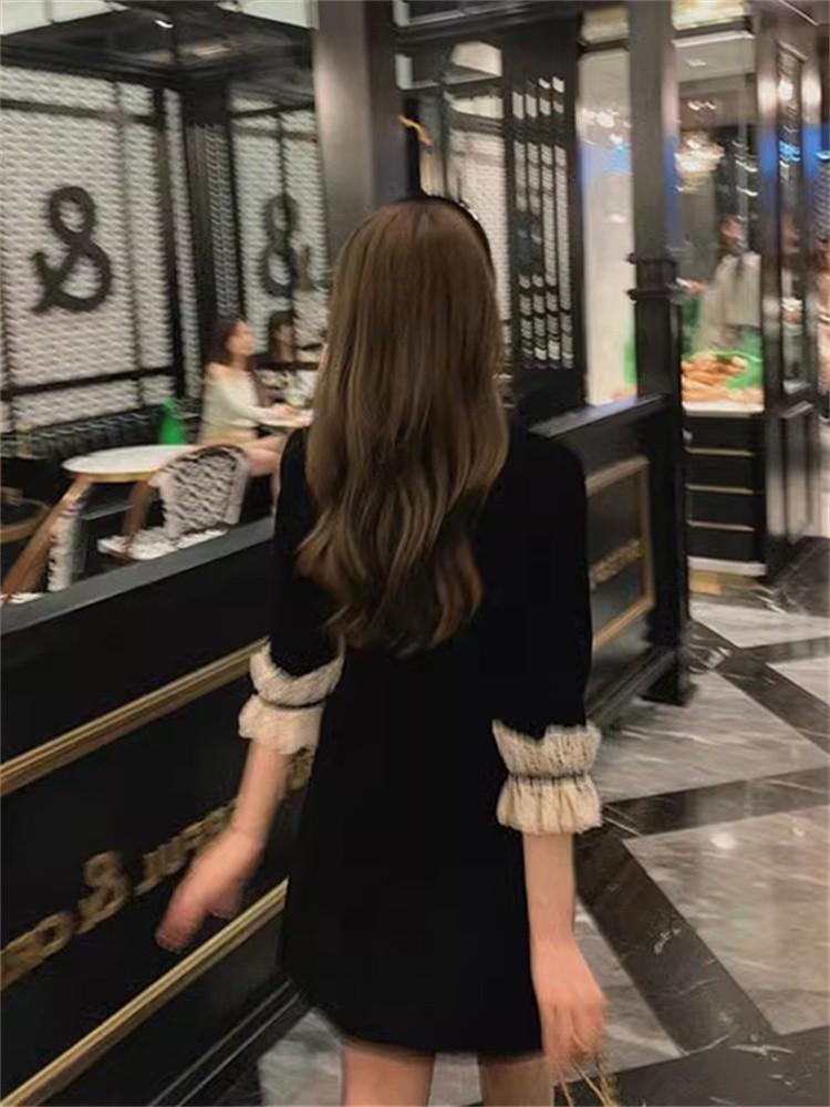 French Hepburn style black velvet dress feeling waist small black dress light luxury niche dress skirt woman
