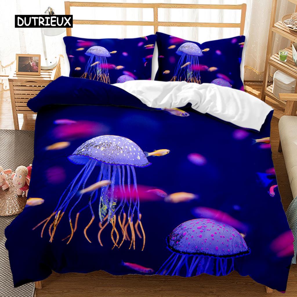 Комплект пододеяльников с изображением медузы, пододеяльник с принтом медузы для подростков, детское покрывало с океанской тематикой, полиэстеровое одеяло с морским коралловым принтом