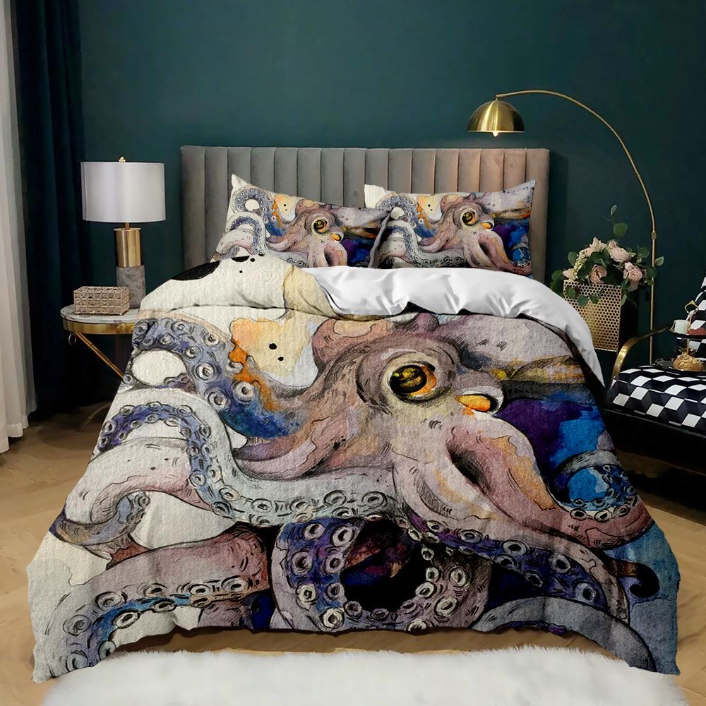 Cartoon Octopus Duvet Cover Set King Queen Size Sea Animal Bedding Set Red Blue 3D Print Microfiber Polyester Comforter Cover