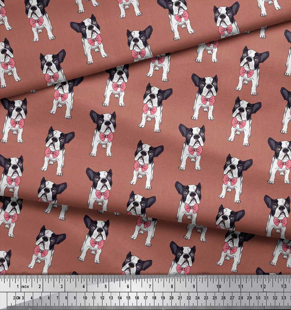 Soimoi Japan Crepe Satin Fabric Bow & Boston Terrier Dog Print Fabric by the Metre 42 Inch