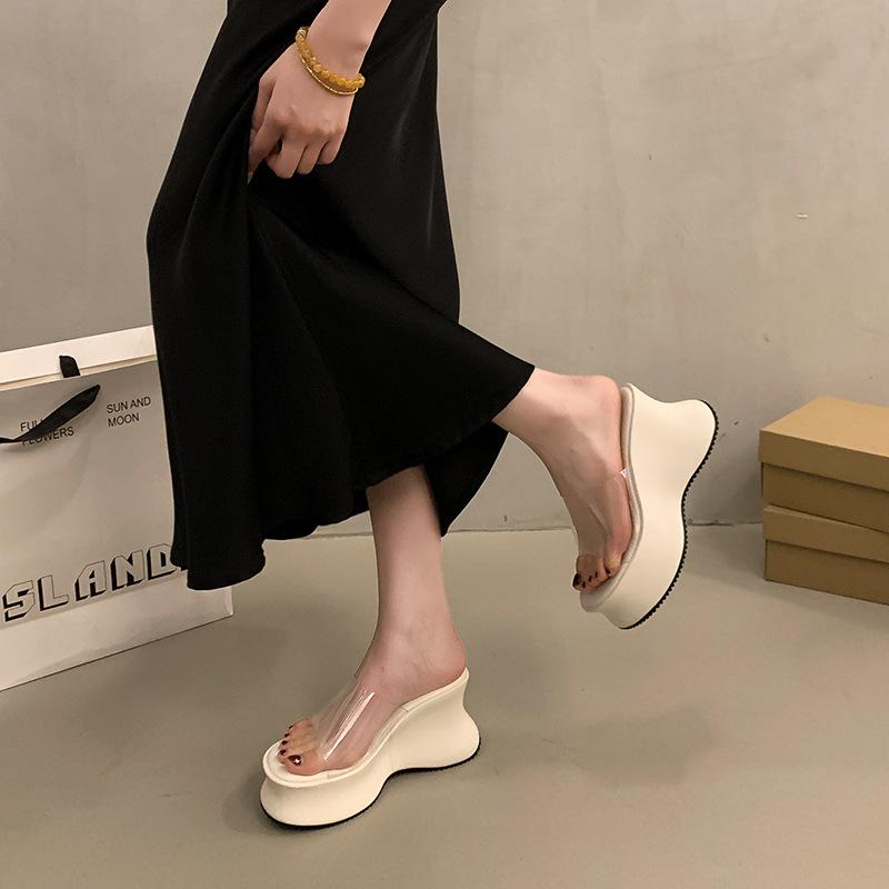 Super High Heel Thick Sole One-word Cool Slippers for Women's Summer Wear New Height-increasing Small Transparent Waterproof Table Sandals