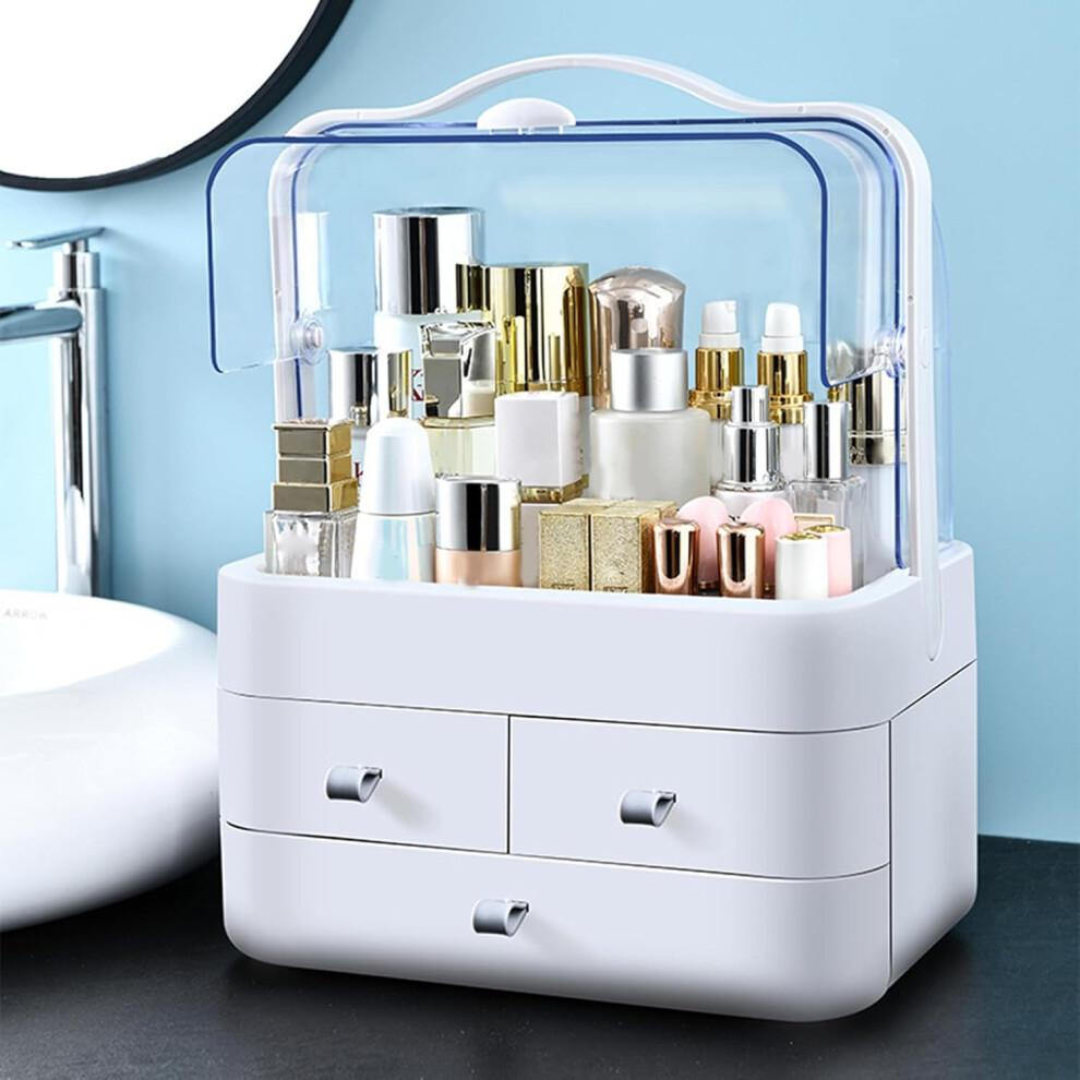 Robust PVC cosmetic storage box with clear drawers, portable openings for quick access and durability, home organisation.