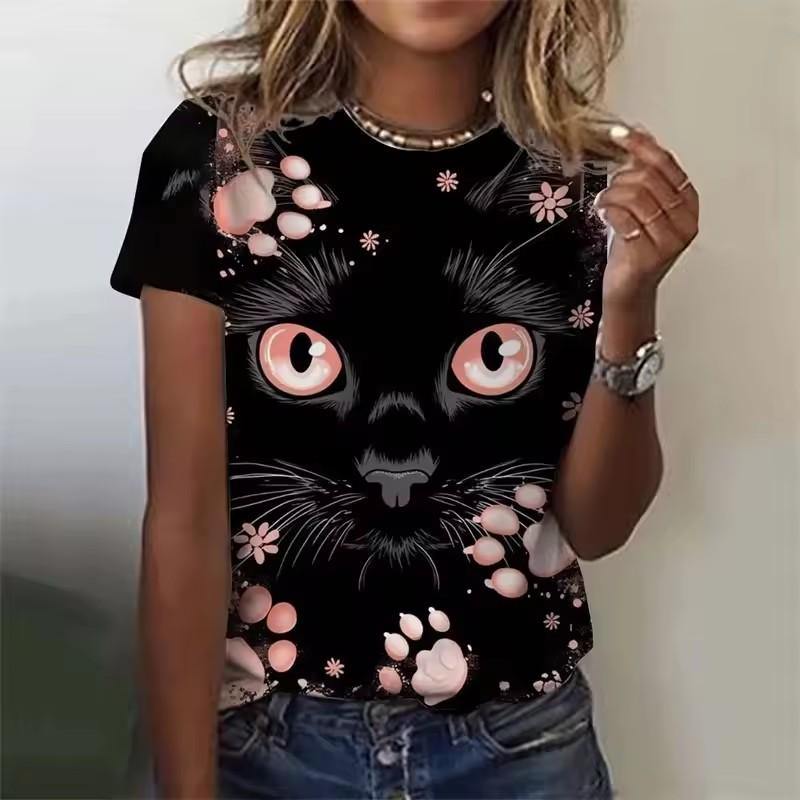 Женская забавная футболка с принтом животных и кошек, футболки с коротким рукавом, топы с 3D-принтами, рубашка с круглым вырезом, летняя повседневная женская одежда