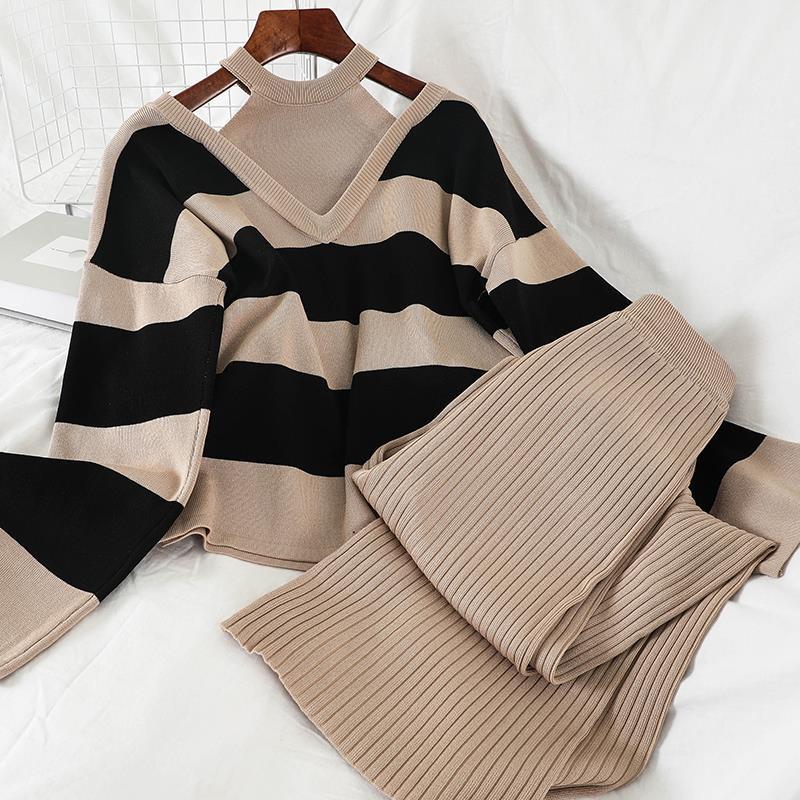 2pcs/set Women Winter Tracksuit 2 Piece Pant Suits Knitted Striped Sweater Top and Pants 2 Piece Set Outwear Outfits