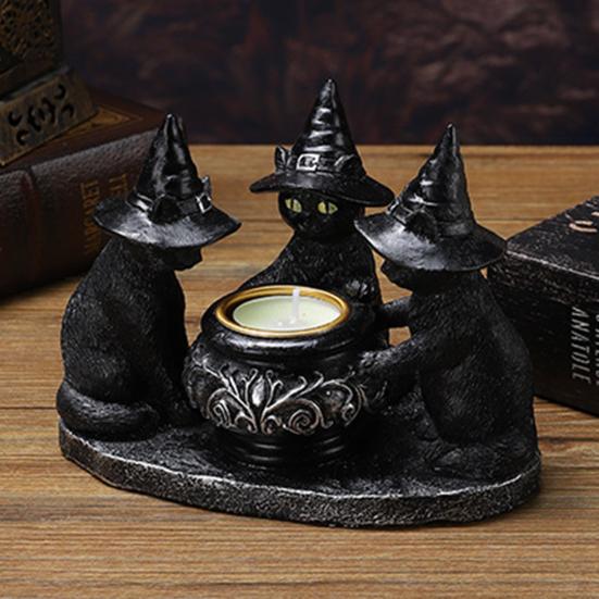 Подсвечник в виде черного кота, смоляной подсвечник в виде кошек на Хэллоуин с ведьмиными шляпами, винтажный подсвечник, настольное украшение, подарок для любителей кошек