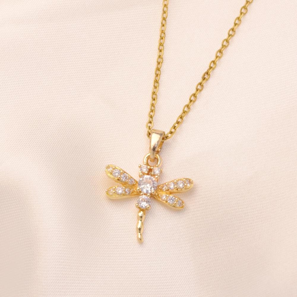 1 Piece Cute Dragonfly Zirconia Pendant Necklaces for Women Gold Color Stainless Steel Necklace Jewelry Party Accessories